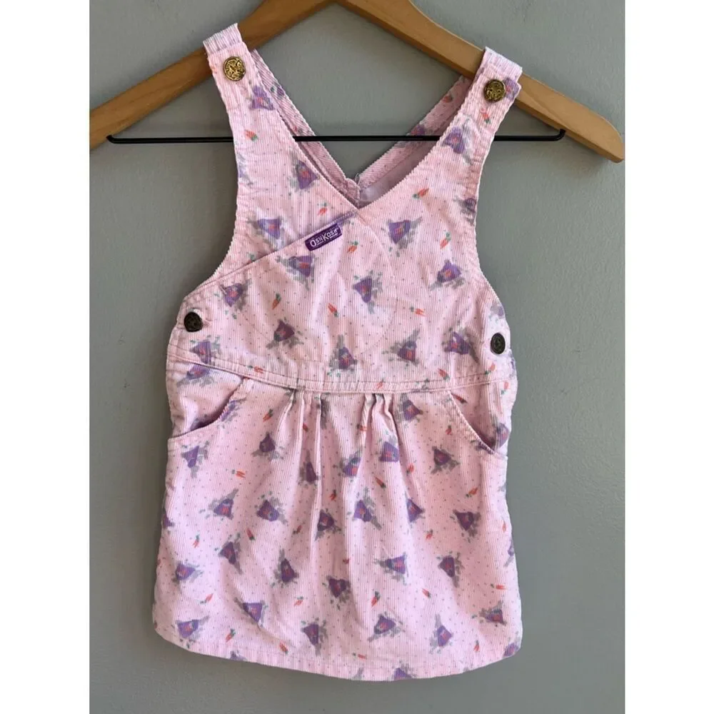 VTG 90s OshKosh Vestbak Corduroy Overall Dress Peter Cottontail Bunny Print 4T